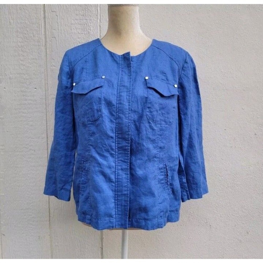 Chico's 100% linen blue zip front jacket wmns sz Med (1)